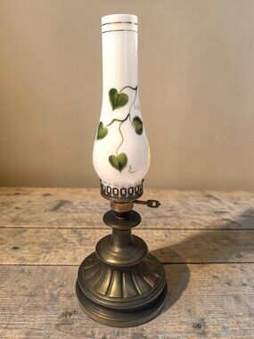 Vtg electric Oil Lamp With Hand-Painted Milk glass Hurricane & Brass Base - Flor